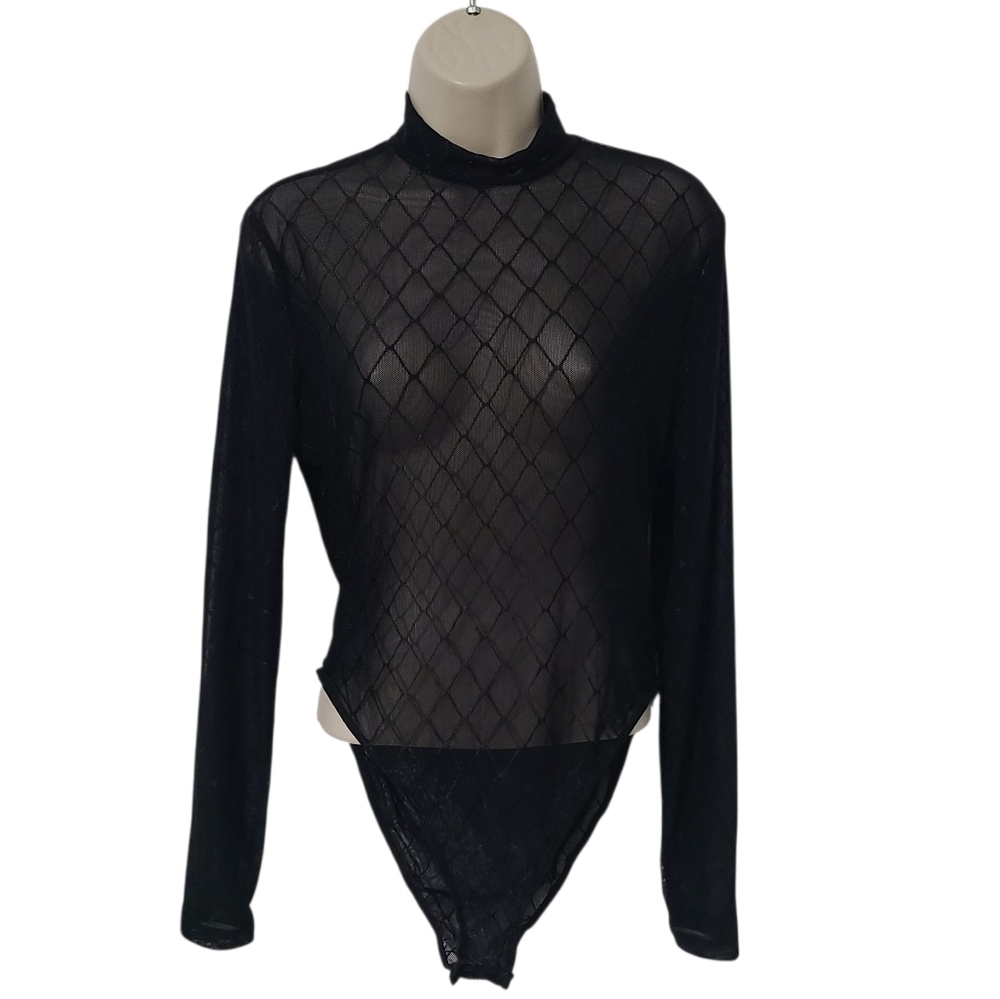 Black Mesh Diamond Pattern Mock Neck Bodysuit